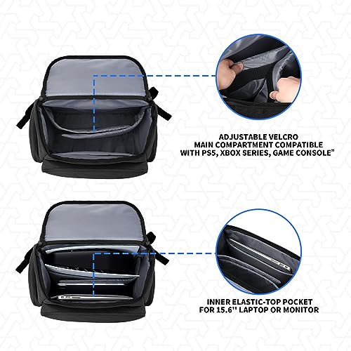 Travel Backpack for Playstation 5 Console, Carrying Case Storage Bag fits for PS5/PS4/PS4 Pro/PS4 Slim/Xbox One/Xbox One X/Xbox One S, Travel Bag for 15.6" Laptop and Gaming Accessories, Black