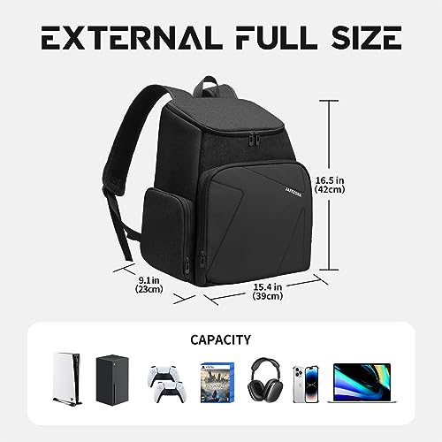 Travel Backpack for Playstation 5 Console, Carrying Case Storage Bag fits for PS5/PS4/PS4 Pro/PS4 Slim/Xbox One/Xbox One X/Xbox One S, Travel Bag for 15.6" Laptop and Gaming Accessories, Black