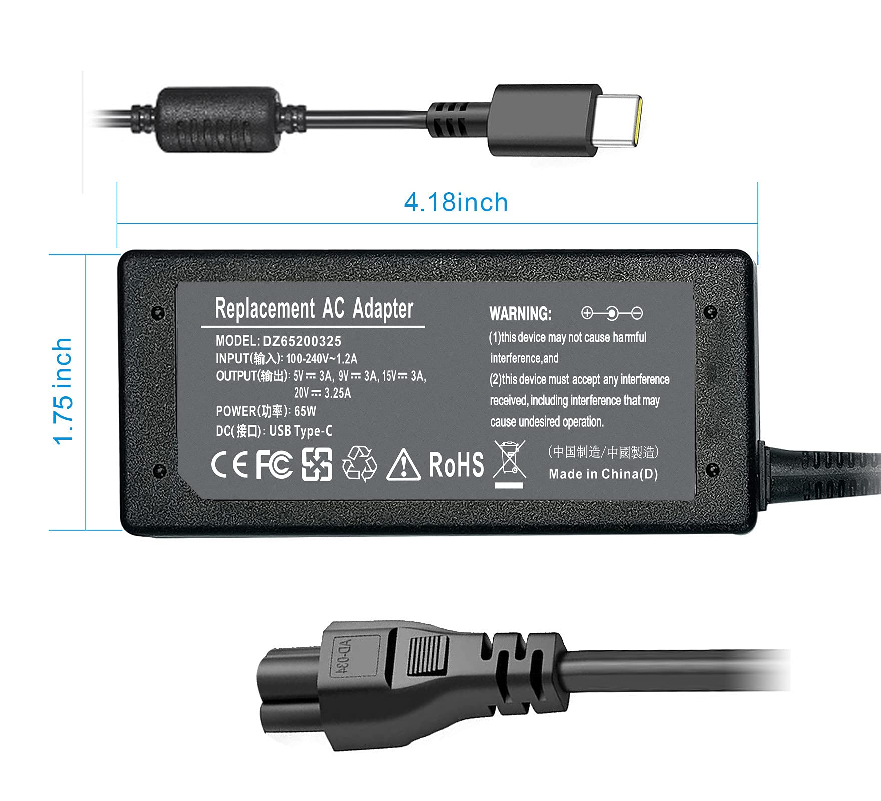 Universal 65W 45W USB C Laptop Charger for Lenovo Thinkpad/Yoga/Chromebook ADLX65YDC2A for HP Elitebook Spectre Chromebook x360,Elite x2 for Dell Chromebook Latitude xps 13 Series AC Adapter