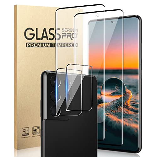 [2+2Pack] Galaxy S21 Ultra Screen Protector with Camera Lens Protector, 9H Hardness Ultrasonic Fingerprint Support 3D Curved No Bubbles,for Samsung Galaxy S21 Ultra 5G 6.8 Inch Glass Screen Protector