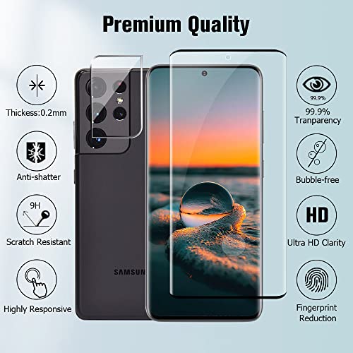 [2+2Pack] Galaxy S21 Ultra Screen Protector with Camera Lens Protector, 9H Hardness Ultrasonic Fingerprint Support 3D Curved No Bubbles,for Samsung Galaxy S21 Ultra 5G 6.8 Inch Glass Screen Protector