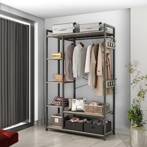 freestanding clothing rack heavy duty closet organizer with shelves, 2 fabric drawers and 6 hooks clothes wardrobe closet storage rack,grey
