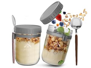 north ranch kitchen 16 oz overnight oats containers with lids - jars with spoons and lids - made of premium borosilicate glass - 2x oatmeal jars with spoons & spoon holder