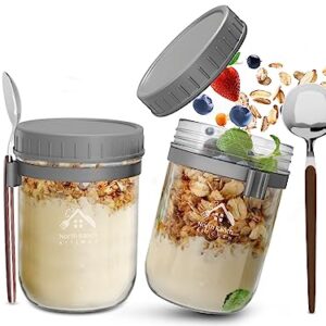 North Ranch Kitchen 16 oz overnight oats containers with lids - Jars with spoons and lids - made of premium borosilicate glass - 2x oatmeal jars with spoons & spoon holder