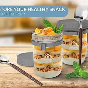 North Ranch Kitchen 16 oz overnight oats containers with lids - Jars with spoons and lids - made of premium borosilicate glass - 2x oatmeal jars with spoons & spoon holder