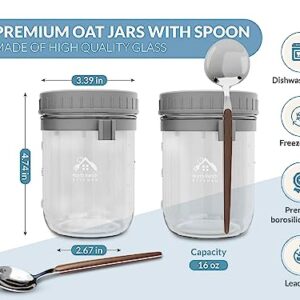 North Ranch Kitchen 16 oz overnight oats containers with lids - Jars with spoons and lids - made of premium borosilicate glass - 2x oatmeal jars with spoons & spoon holder