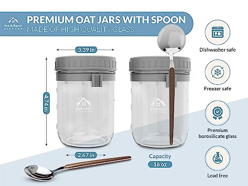 North Ranch Kitchen 16 oz overnight oats containers with lids - Jars with spoons and lids - made of premium borosilicate glass - 2x oatmeal jars with spoons & spoon holder