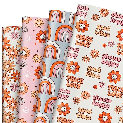 AnyDesign 12 Sheet Groovy Wrapping Paper Folded Flat Boho Rainbow Daisy Flower Rainbow Gift Wrap Paper Bulk Retro Art Paper for Birthday Wedding Baby Shower DIY Craft Gift Packing, 19.7 x 27.6 Inch