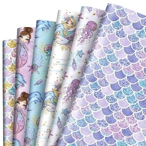 anydesign 12 sheet mermaid wrapping paper purple blue mermaid dolphin jellyfish gift wrap paper bulk 6 design mermaid art paper for birthday baby shower birthday diy crafts gift packing, folded flat
