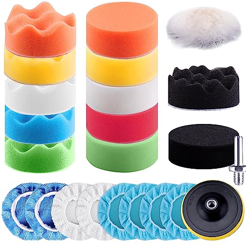 SIQUK 23 Pieces 3 Inch Buffing Pads Car Polisher Bonnets Foam Polishing Pad Kit Wax Buffer Polish Pads Car Buffer Attachment for Drill