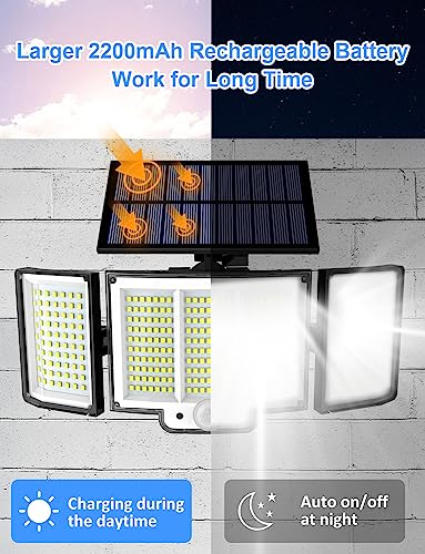 YOYONACY Solar Outdoor Lights, 2500LM 348 LED Motion Sensor Outdoor Lights with Remote, Bright 3 Heads Solar Powered Flood Lights, IP65 Waterproof Security Detection Lights for Outside, Yard, Patio