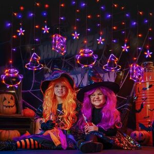 lolstar halloween string lights, halloween window decorations orange purple spellbook, witch hat and cauldron 183 leds indoor hanging curtain lights, remote 8 flashing modes timer function