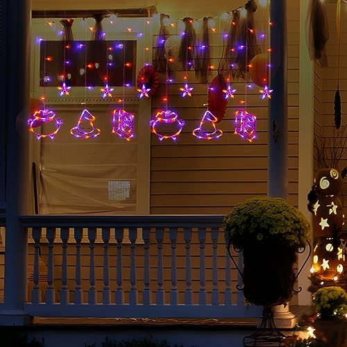 LOLStar Halloween String Lights, Halloween Window Decorations Orange Purple Spellbook, Witch Hat and Cauldron 183 LEDs Indoor Hanging Curtain Lights, Remote 8 Flashing Modes Timer Function