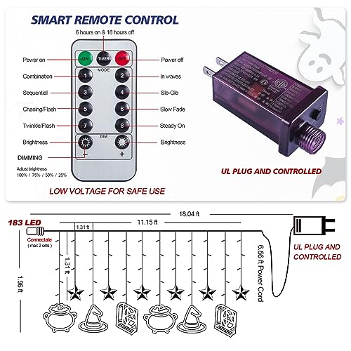 LOLStar Halloween String Lights, Halloween Window Decorations Orange Purple Spellbook, Witch Hat and Cauldron 183 LEDs Indoor Hanging Curtain Lights, Remote 8 Flashing Modes Timer Function