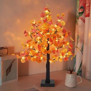 Agusbagli 24 Inch Artificial Fall Lighted Eucalyptus Tree Decor, 55 LED Battery Operated Fall Light Up Tabletop Tree with Timer for Indoor Home Wedding Harvest Fall Autumn Thanksgiving Decorations