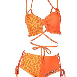 Miraculous Women's Rena Rouge Beach Halter Straps Top with Side-Closure Bottom Bikini Set Swimsuit Bathing Suit (as1, Alpha, m, Regular, Regular, Orange)
