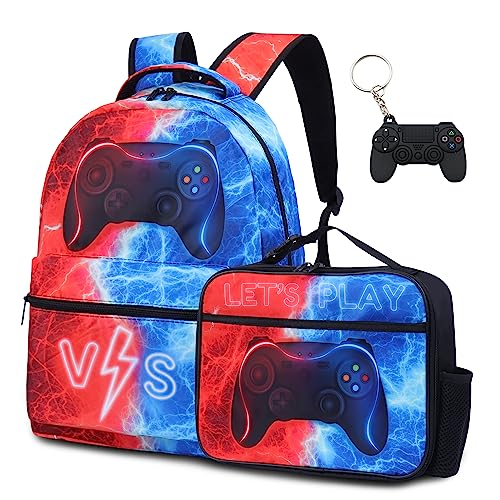 HSELOGI Gamer Backpack for Boys Girls, Kids Gaming Backpack with Lunch Bag, 17" Laptop Backpack School BookBag Set with Keychain