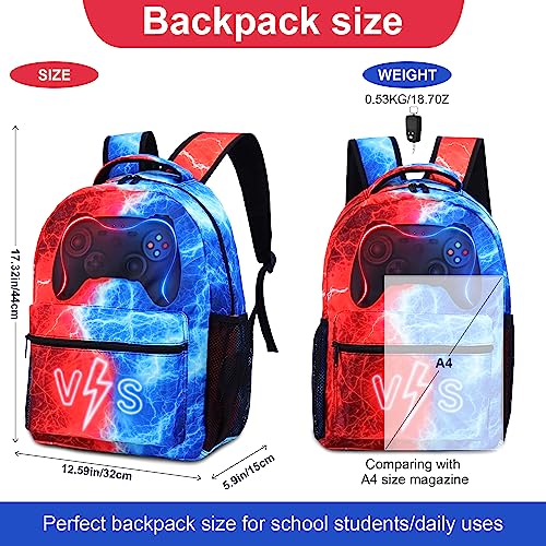 HSELOGI Gamer Backpack for Boys Girls, Kids Gaming Backpack with Lunch Bag, 17" Laptop Backpack School BookBag Set with Keychain