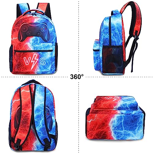 HSELOGI Gamer Backpack for Boys Girls, Kids Gaming Backpack with Lunch Bag, 17" Laptop Backpack School BookBag Set with Keychain