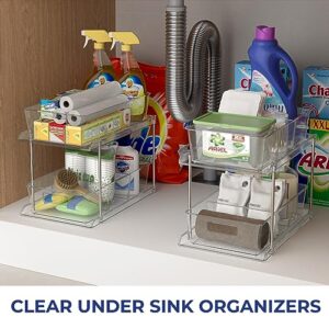 StoreHappily 2 Pack 2 Tier Clear Organizer with Dividers Multi-purpose Under Sink Organizers and Storage Pull Out Cabinet Organizer Plastic Drawer Organization and Storage for Bathroom and Kitchen