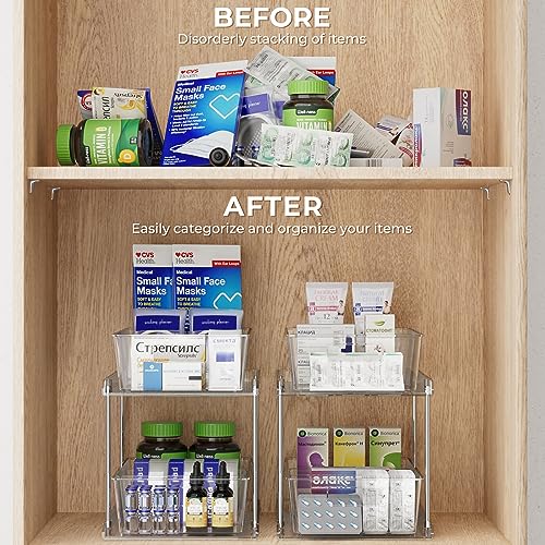 StoreHappily 2 Pack 2 Tier Clear Organizer with Dividers Multi-purpose Under Sink Organizers and Storage Pull Out Cabinet Organizer Plastic Drawer Organization and Storage for Bathroom and Kitchen