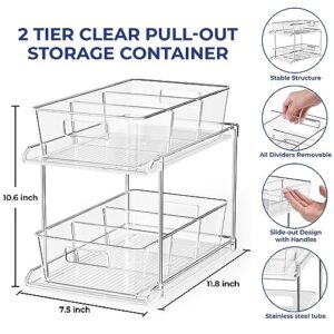 StoreHappily 2 Pack 2 Tier Clear Organizer with Dividers Multi-purpose Under Sink Organizers and Storage Pull Out Cabinet Organizer Plastic Drawer Organization and Storage for Bathroom and Kitchen