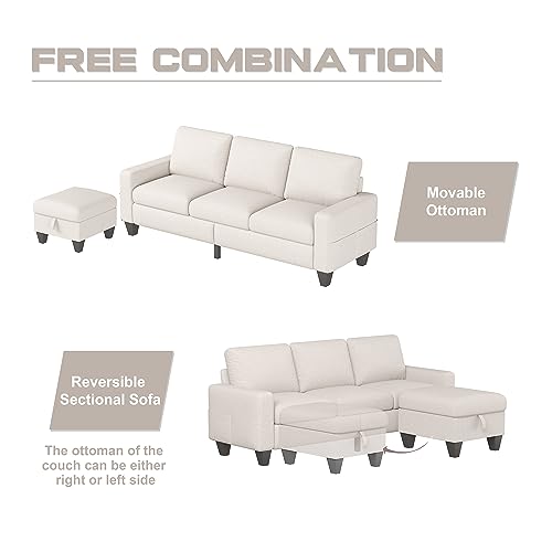 ZeeFu Convertible Sectional Sofa Couch,Beige Linen Fabric Modern 3-Seat L-Shaped Upholstered Sofa Couch Furniture with Storage Reversible Ottoman and Pockets for Living Room Small Space Apartment
