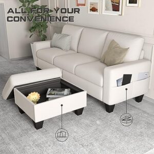ZeeFu Convertible Sectional Sofa Couch,Beige Linen Fabric Modern 3-Seat L-Shaped Upholstered Sofa Couch Furniture with Storage Reversible Ottoman and Pockets for Living Room Small Space Apartment