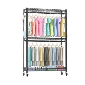 semhor s3 portable closets 3 tier rolling clothes rack heavy duty clothing rack with storage basket 2 hanging rod and 2 side hooks, freestanding adjustable wardrobe garment rack for bedroom laundry