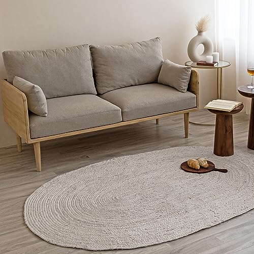 HOMEMONDE Farmhouse Jute Rugs Hand Braided Natural Fiber Oval Shape 4 X 6 Feet Rug Carpet for Living Room, Bedroom - Off White