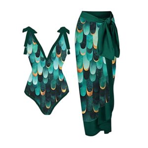 ZDRZK high Waisted Swimsuit Womens Cute Sexy Push Up One Piece Swimsuit with Beach Sarong Coverups Retro Graphic Print Bikini Set Bathing Suit Green S