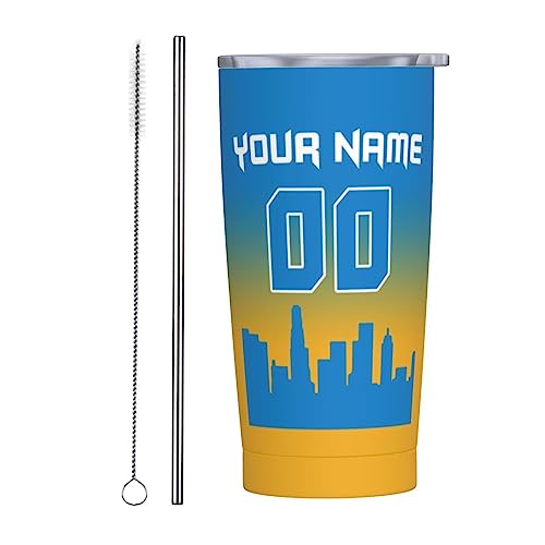 Custom Football Travel Coffee Mug - Personalized Stainless Steel Insulated Coffee Tumbler with Lid Straw Coffee Mug Fits in Car Cup Holder Sports Fan Gifts for Men Women, 20oz