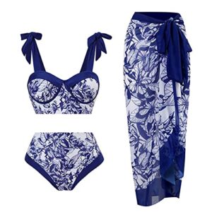zdrzk cute one piece swimsuit for women womens three piece bathing suit with matching cover ups retro floral print sexy bikini sets push up two pieces swimsuit blue xl
