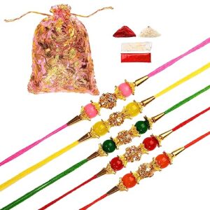 tarini gallery set of 5 rakhi for brother bhabhi and bhatija bhai bhaiya raksha bandhan gift rakhi thread rakhi with roli chawal and greeting card gift pack in pouch/potli bag (set-2)