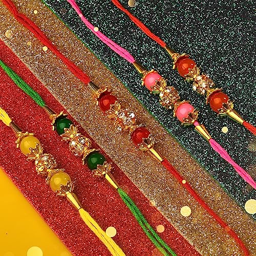 Tarini Gallery Set of 5 Rakhi for Brother Bhabhi and Bhatija Bhai Bhaiya Raksha Bandhan gift Rakhi Thread Rakhi with Roli Chawal and Greeting card gift pack in pouch/Potli bag (Set-2)