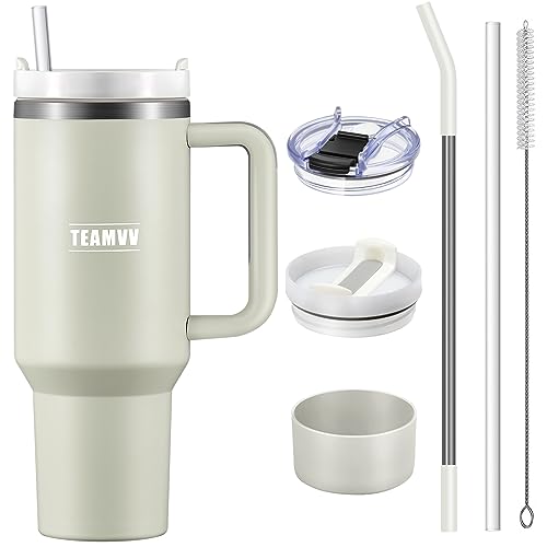 TEAMVV 40 oz Tumbler with Handle and Straw Stainless Steel Vacuum Insulated Tumbler Tea or Iced Coffee Mug for Hot or Cold Beverages 40 oz Tumbler with Handle(Dune)