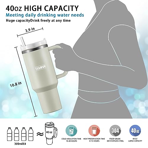 TEAMVV 40 oz Tumbler with Handle and Straw Stainless Steel Vacuum Insulated Tumbler Tea or Iced Coffee Mug for Hot or Cold Beverages 40 oz Tumbler with Handle(Dune)