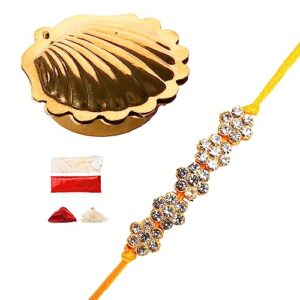 tarini gallery rakhi for brother bhai bhaiya bhatija raksha bandhan gift rakhi thread rakhi with roli chawal and greeting card gift pack(brass kalkavati)