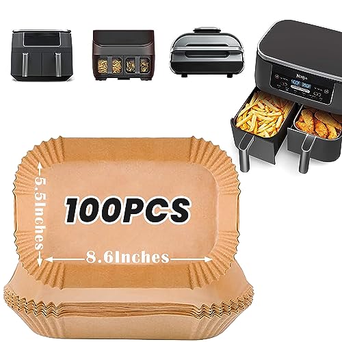 ZeeLives 100Pcs Rectangular Air Fryer Liners for Ninja Dual, 8.6×5.5 inches (Fits 8-10 QT) Ninja Foodi Air Fryer Liners for Double Basket, Compatible with Ninja DZ201, Ninja DZ401 and Ninja DZ505