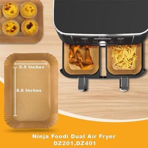 ZeeLives 100Pcs Rectangular Air Fryer Liners for Ninja Dual, 8.6×5.5 inches (Fits 8-10 QT) Ninja Foodi Air Fryer Liners for Double Basket, Compatible with Ninja DZ201, Ninja DZ401 and Ninja DZ505