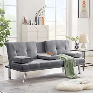 67" modern linen upholstered futon sofa loveseat convertible sleeper couch bed daybed loveseat,folding recliner with 2 cup holders,metal legs,removable soft pillow-top armrest for living room