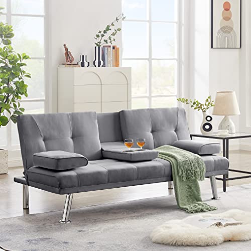 67" Modern Linen Upholstered Futon Sofa Loveseat Convertible Sleeper Couch Bed Daybed Loveseat,Folding Recliner with 2 Cup Holders,Metal Legs,Removable Soft Pillow-Top Armrest for Living Room