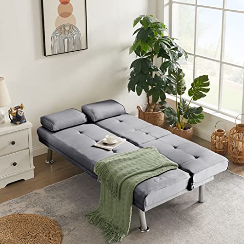 67" Modern Linen Upholstered Futon Sofa Loveseat Convertible Sleeper Couch Bed Daybed Loveseat,Folding Recliner with 2 Cup Holders,Metal Legs,Removable Soft Pillow-Top Armrest for Living Room