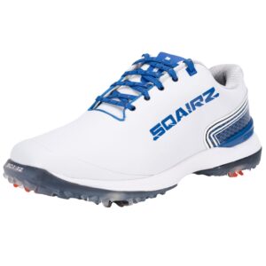 sqairz bold men's athletic golf shoes, new golf shoes, designed for balance & performance, replaceable spikes, waterproof, golf shoes men with spikes, mens golf shoes, golf footwear white/blue