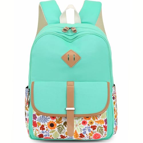 Leaper Girls Canvas Floral Backpack Large Laptop Bag Kids Travel Bag Bookbag Daypack Water Blue