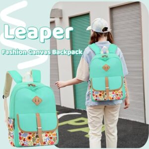 Leaper Girls Canvas Floral Backpack Large Laptop Bag Kids Travel Bag Bookbag Daypack Water Blue