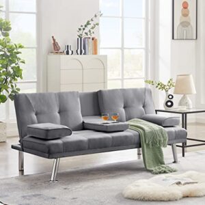 67" modern linen upholstered futon sofa convertible sleeper couch bed daybed loveseat,folding recliner with 2 cup holders,metal legs,removable soft pillow-top armrest for living room compact space