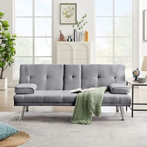 67" Modern Linen Upholstered Futon Sofa Convertible Sleeper Couch Bed Daybed Loveseat,Folding Recliner with 2 Cup Holders,Metal Legs,Removable Soft Pillow-Top Armrest for Living Room Compact Space