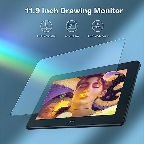 UGEE 11.9 Inch Drawing Tablet with Screen,127% sRGB Full-Laminated and Anti-Glare Computer Graphics Tablets,8192 Levels Battery-Free Stylus with Digital art tablet,Drawing Pad for Windows/Mac OS/Linux