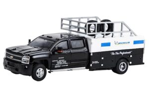greenlight 46120-c dually drivers series 12-2018 chevy silverado 3500 dually tire service truck - mich elin “the tire professionals” 24 hour service 1/64 scale diecast